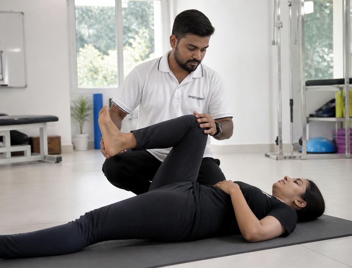 Physiotherapist guiding patient exercise